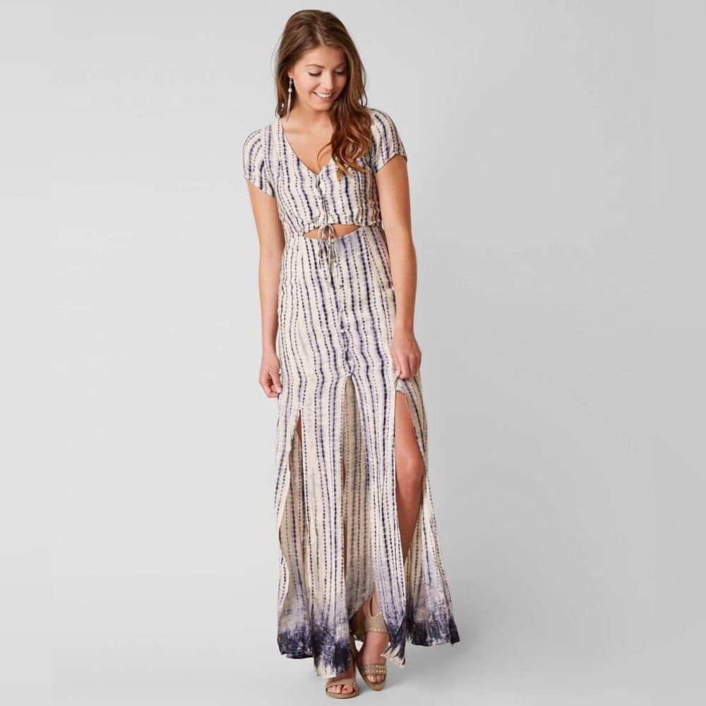 Honey Punch Cream Maxi Dress with Navy Ombre Stripes